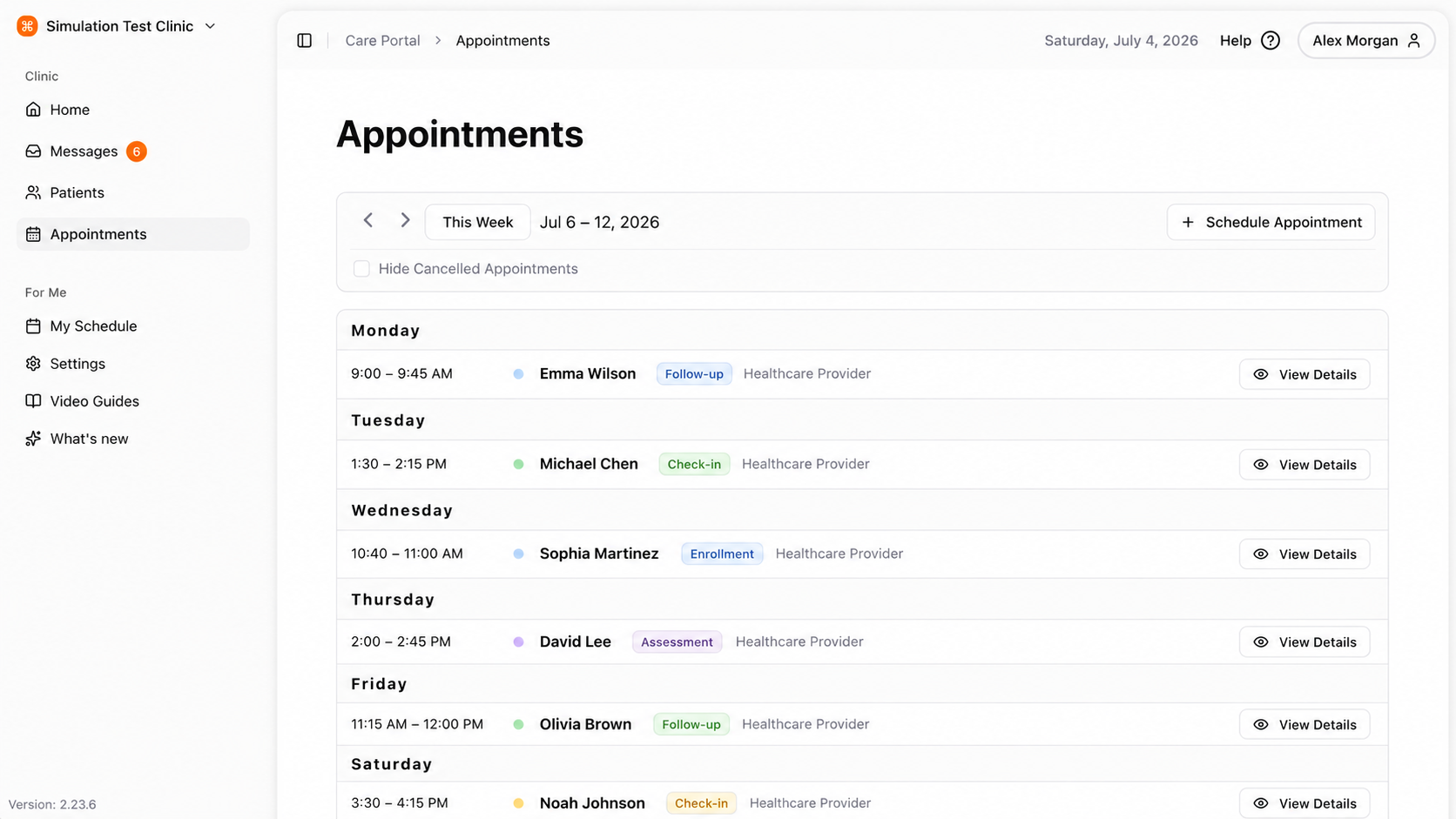 Care Portal weekly appointments view