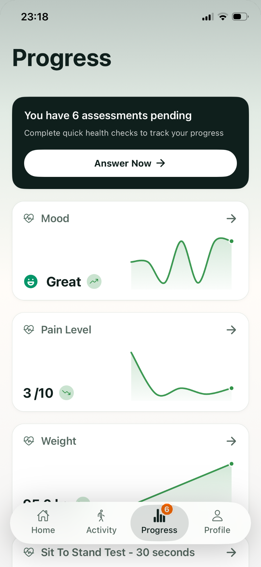 Vitala patient app — MSK progress screen